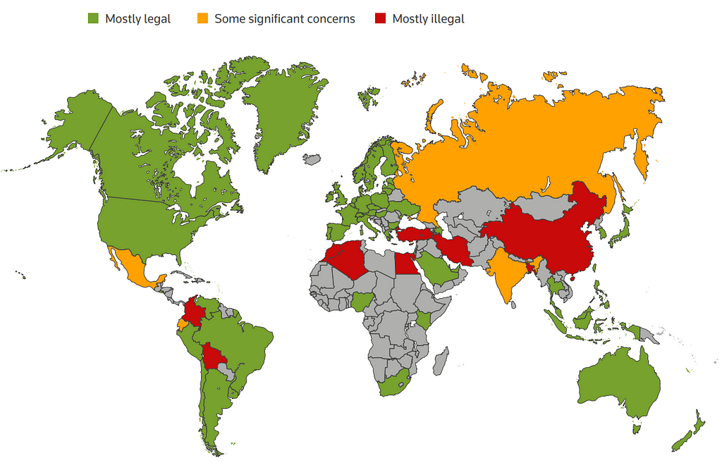 World map showing cryptocurrency regulations by country.