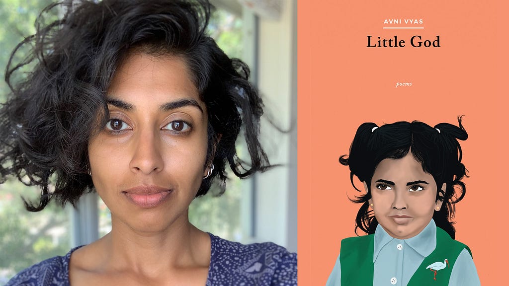 Photo of the author Avni Vyas and the cover of her book, Little God, orange background with young girl in foreground with part of her hair in pigtails wearing blue button-down shirt and a green vest with a bird pin.