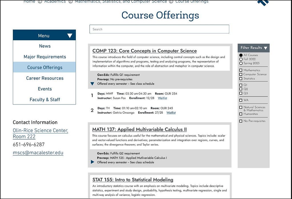 The course offerings page of the website. Includes descriptions of courses and filters.