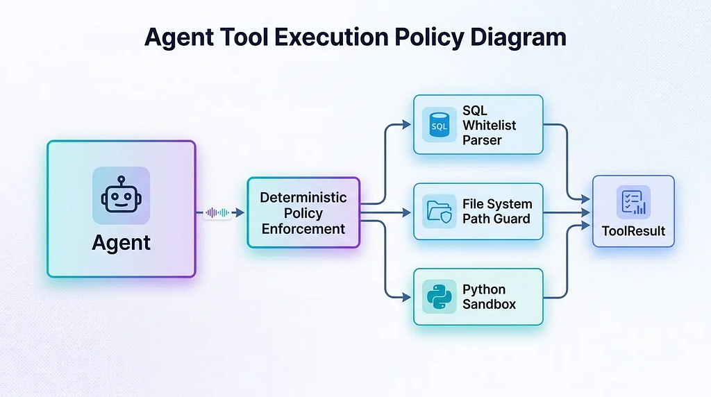 Agent to policy enforcement flow branching into SQL whitelist, path guard, and Python sandbox, all converging into ToolResult.