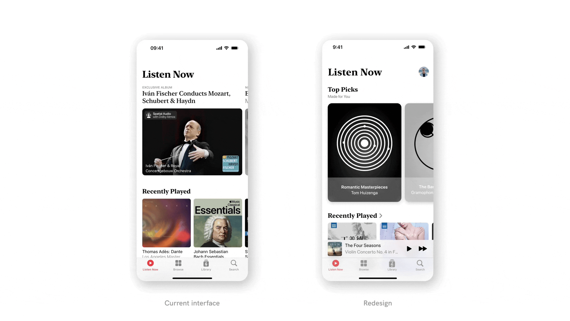 On the left, the current user interface of Apple Music Classical is displayed, while on the right, the proposed redesign is presented for comparison.