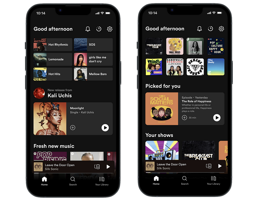 Mobile phone mockups of redesigned Spotify’s home screen with music and podcast recommendations