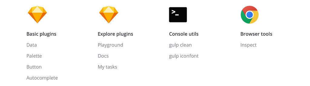 Plugins for Sketch, console utilities, and browser extensions that we developed for internal use