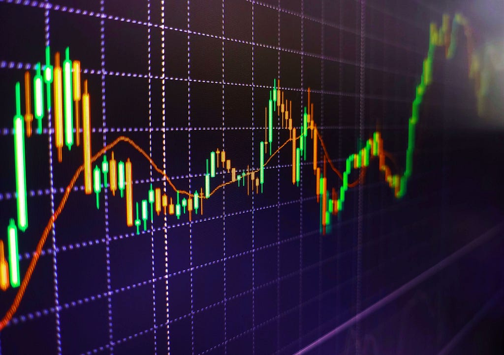 Stock market data information. Pads with color diagrams and color shining on background. Tablet computer with business chart. Stock market graphs and charts analysis