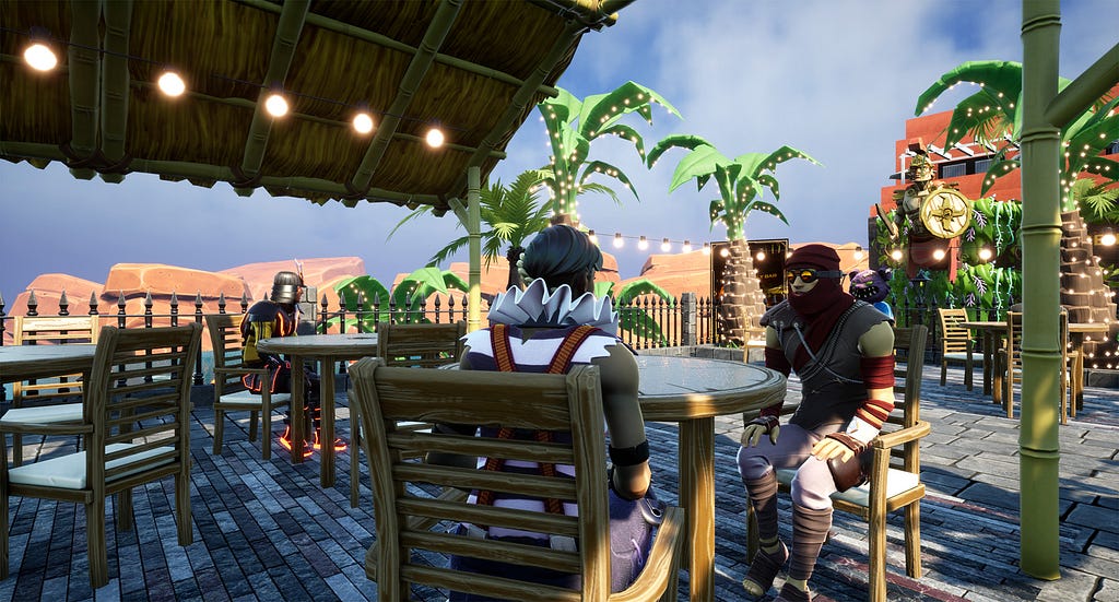 Two people sit at a wooden table in a seaside diner. One is wearing a clown’s ruff and makeup. The other is dressed like a fantasy adventurer.
