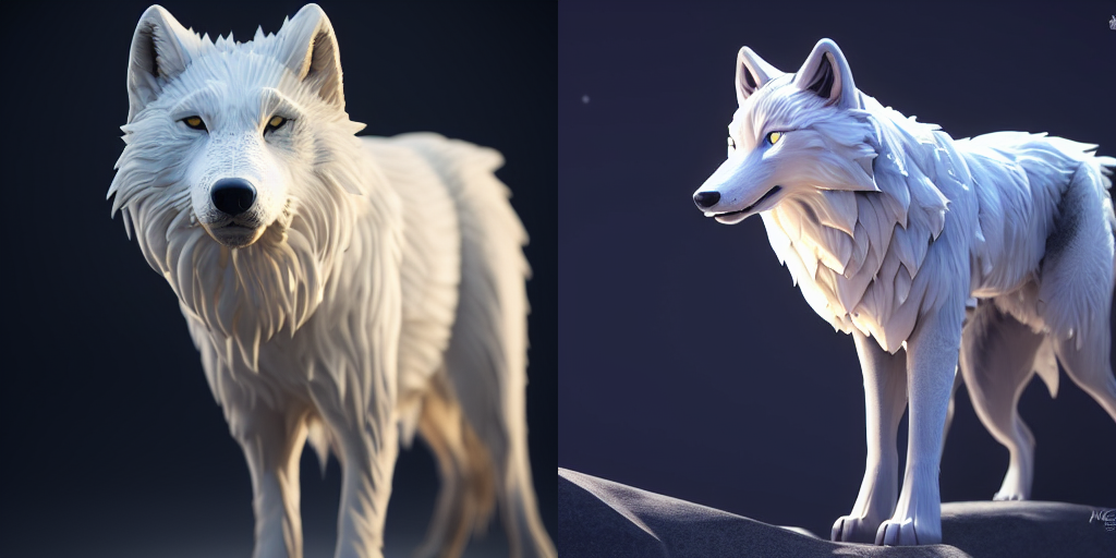 Two arctic wolf renderings by Midjourney AI based on prompt from author
