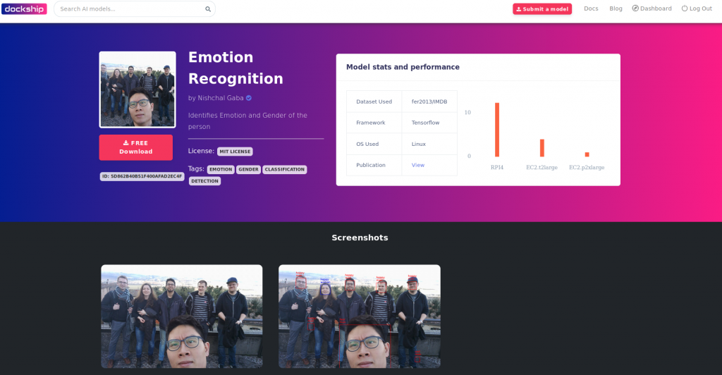 The Emotion Recognition model page — Dockship