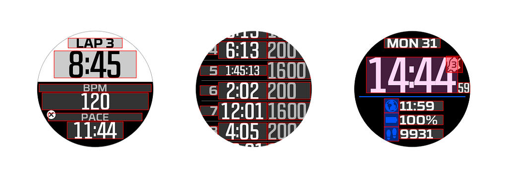 Three pieces of UI showing how rectangular UI elements fit (or don’t) inside a circular display.