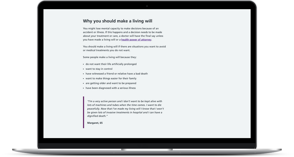 A screenshot of a section of the new page showing the reasons people might make a living will
