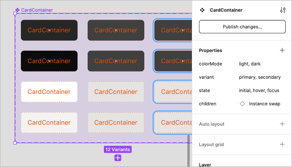 CardContainer with features for color mode, color hierarchy, and interactive state