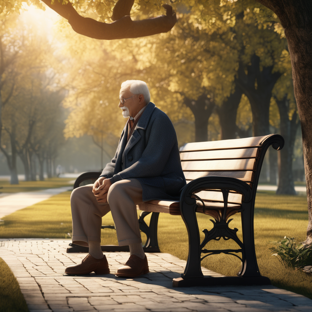 professional 3d model a very old man sitting on a park bench in a rural area. . octane render, highly detailed, volumetric, dramatic lighting Negative prompt: ugly, deformed, noisy, low poly, blurry, painting