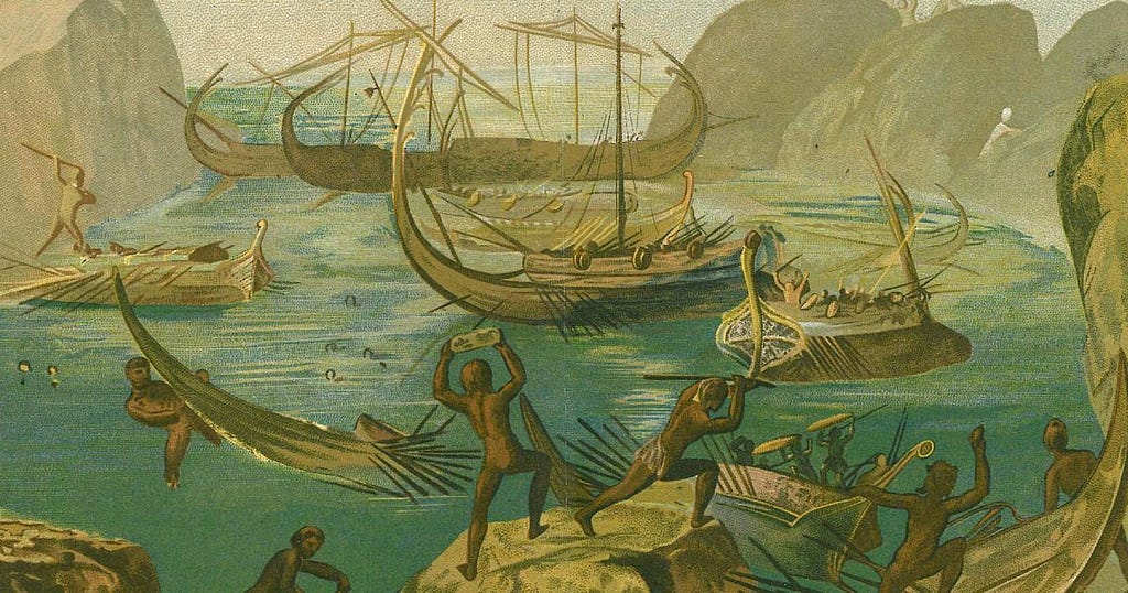 Odysseus and his men fleeing cannibals