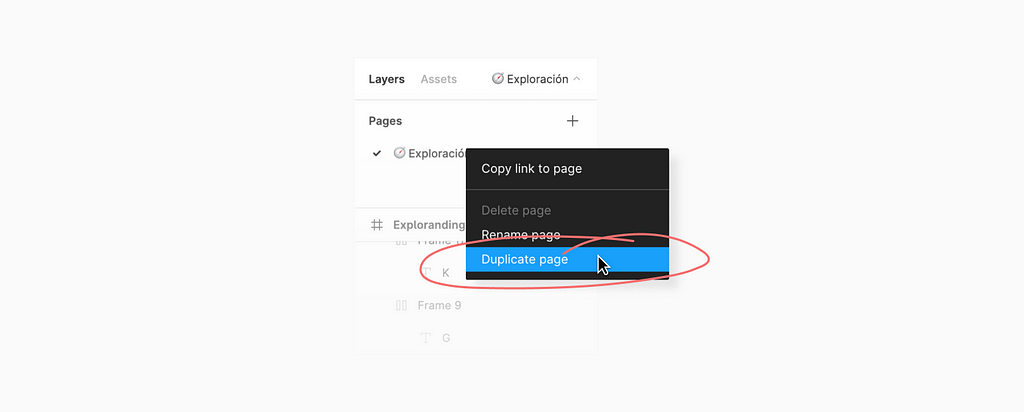 Ejemplo de cómo duplicar una página, la opción se llama “Duplicate Page”