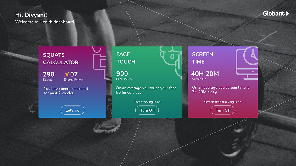 landing page dashboard for the squats, face touch and screen time