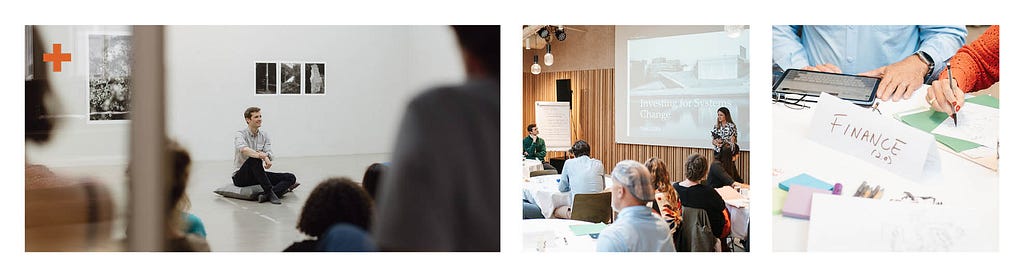 Scenes from ‘Investing for Systems Change’ in Oslo, speakers addressing a group in a calm, bright setting