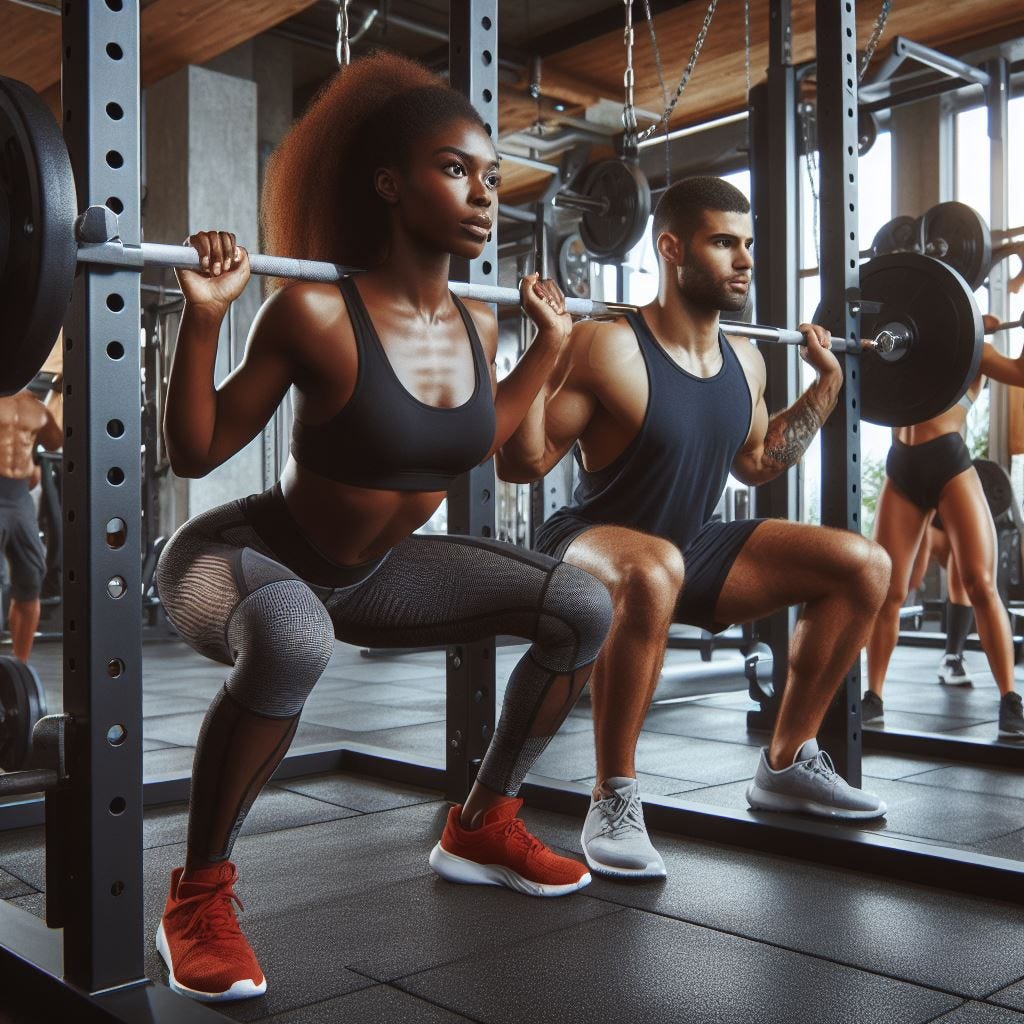 A woman dressed in grey sports leggings, a black bra top and red trainers she is in a squat rack holding a barbell on her back with a man holding the other end of the barbell on his back, he is wearing a grey vest and black shorts with light grey trainers