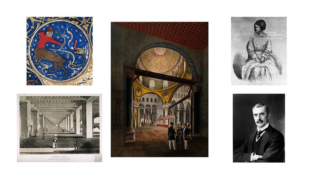 Composite image, 5 images with white borders. Top left is a manuscript illumination in vivid colours showing the archer from the Sagittarius constellation. Bottom left is a black and white etching of an opium processing factory. In the centre is a painting depicting the view inside the beautiful Al-Aqsa mosque. Top right is a lithograph of a woman in Victorian dress looking to her left with a serious expression. Bottom right is a black and white photograph of a white man in a suit.