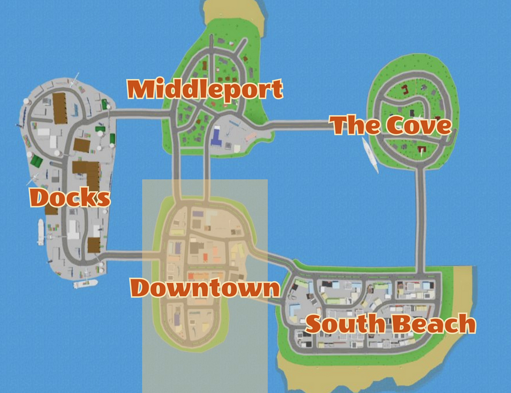 A map showing each of the map chunks as individual islands