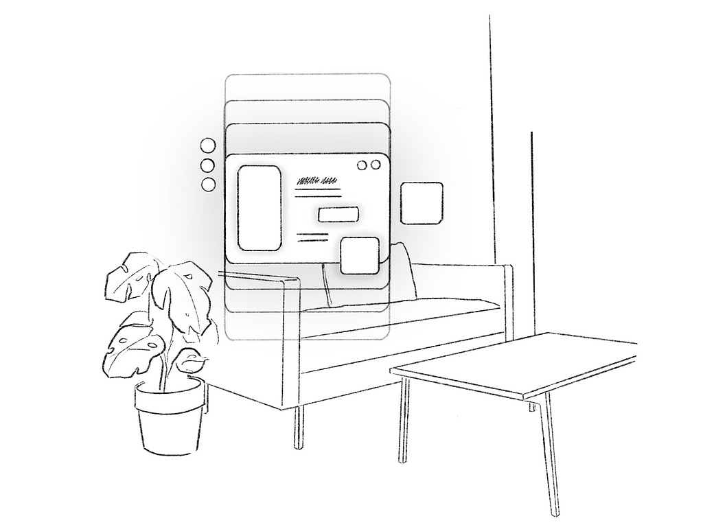 Sketch of an augmented reality experience in a living room where the user can adjust the height of the UI