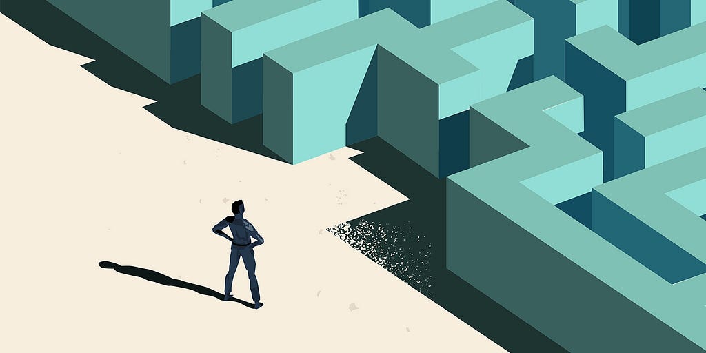 A person standing at the entrance to a maze. Conceptual vector illustration.