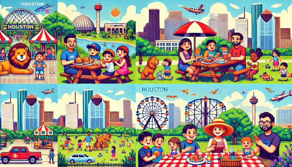 Pixel art of family-friendly activities in Houston. A family visits the Houston Zoo, children play at the Children’s Museum of Houston, another family enjoys a picnic at Discovery Green park, and people have fun at an amusement park. The scene includes diverse families and features bright, cheerful colors to capture the fun and lively atmosphere under clear skies with a few clouds.
