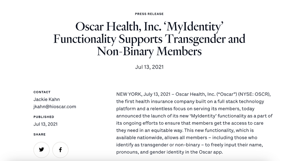 “Oscar Health, Inc. ‘MyIdentity’ Functionality Supports Transgender and Non-Binary Members