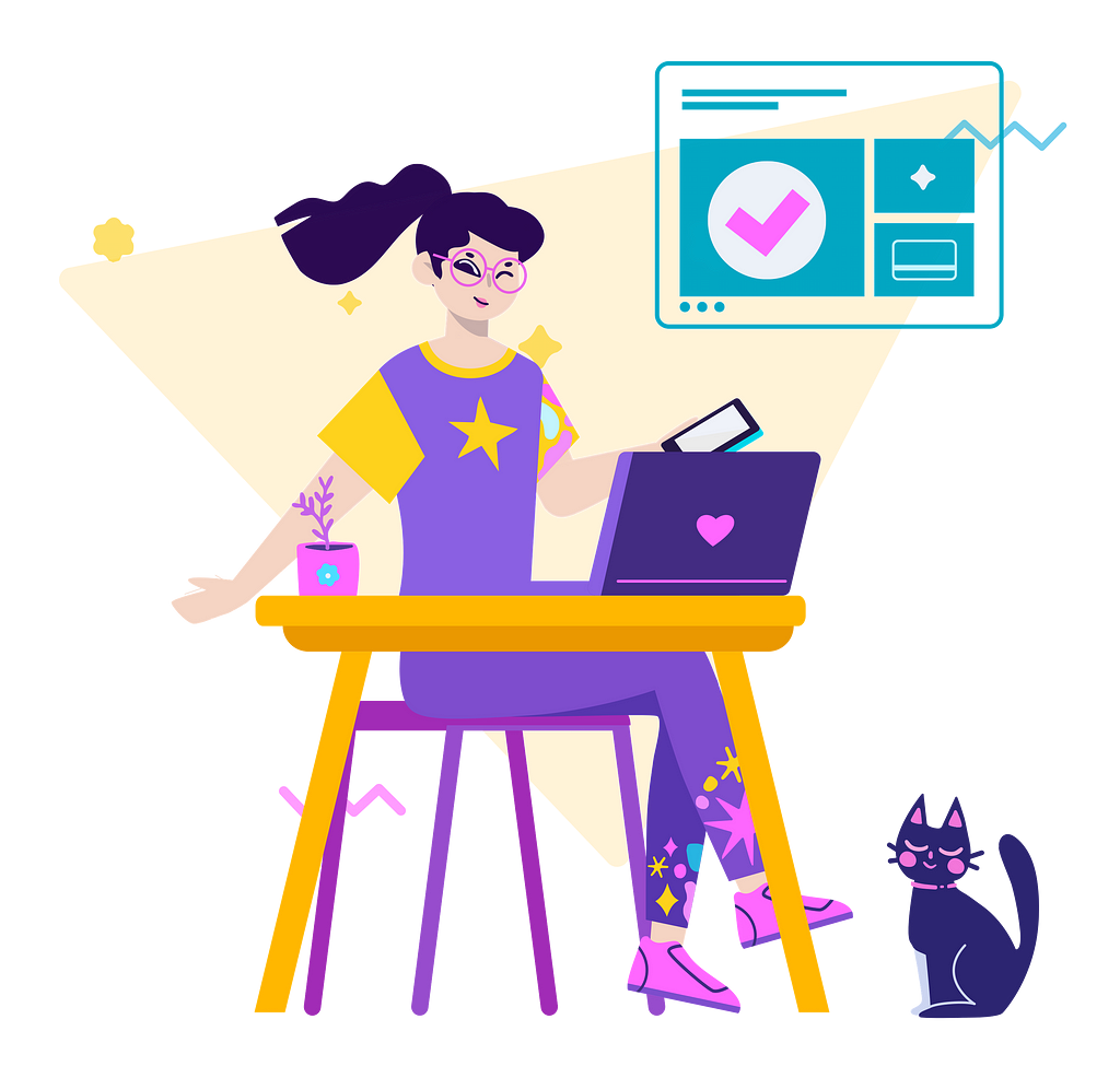 Working from home illustration by Pau Barbaro. A woman seating in a desk with her laptop, cat and plant.