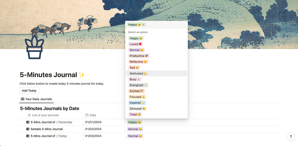Notion 5-Minute Journal Mood Tracker