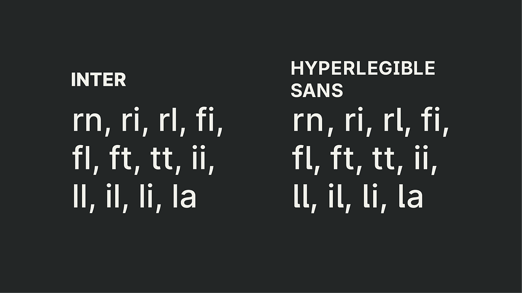 Imágenes una al lado de la otra que comparan el interletraje para pares de letras Inter y Hyperlegible Sans, como rn, ri, rl, fi, fl, ft, tt, ii, ll, il, li y la, con Hyperlegible Sans mostrando un mayor espaciado para mejorar la legibilidad y evitar la fusión visual.