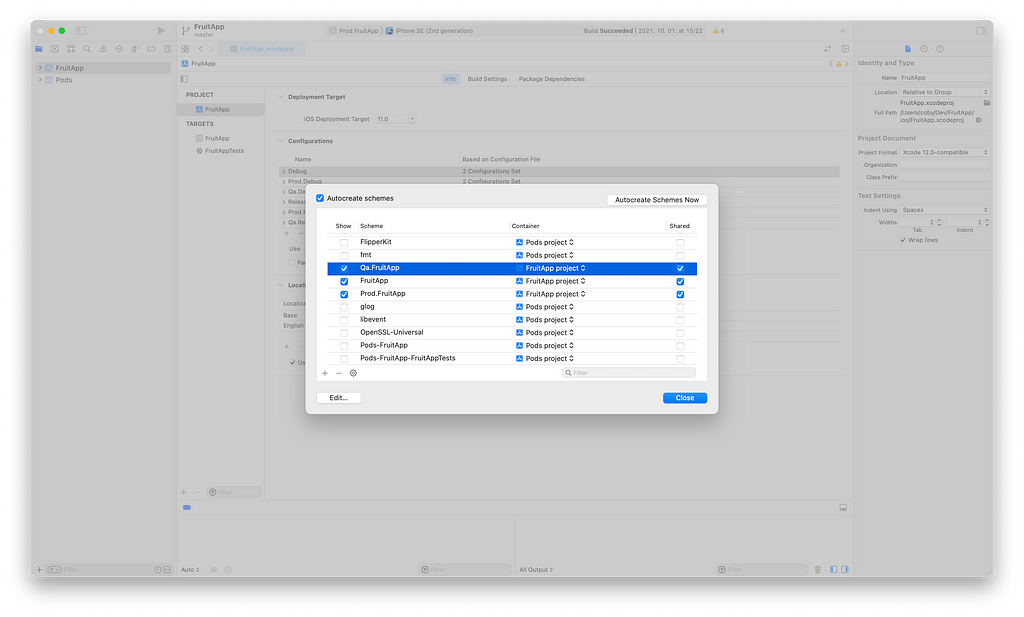 Xcode, created environment based schemes