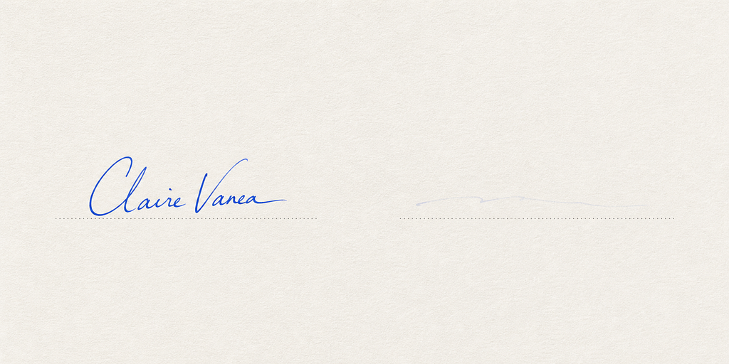 Two signatures, one signature visbible in clear blue ink, a second signature faded, barely visible.