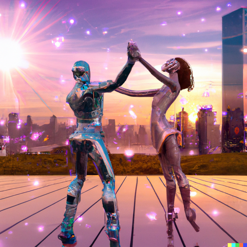 The three kinds of DAO to DAO partnerships depicted as two dancing cyborgs