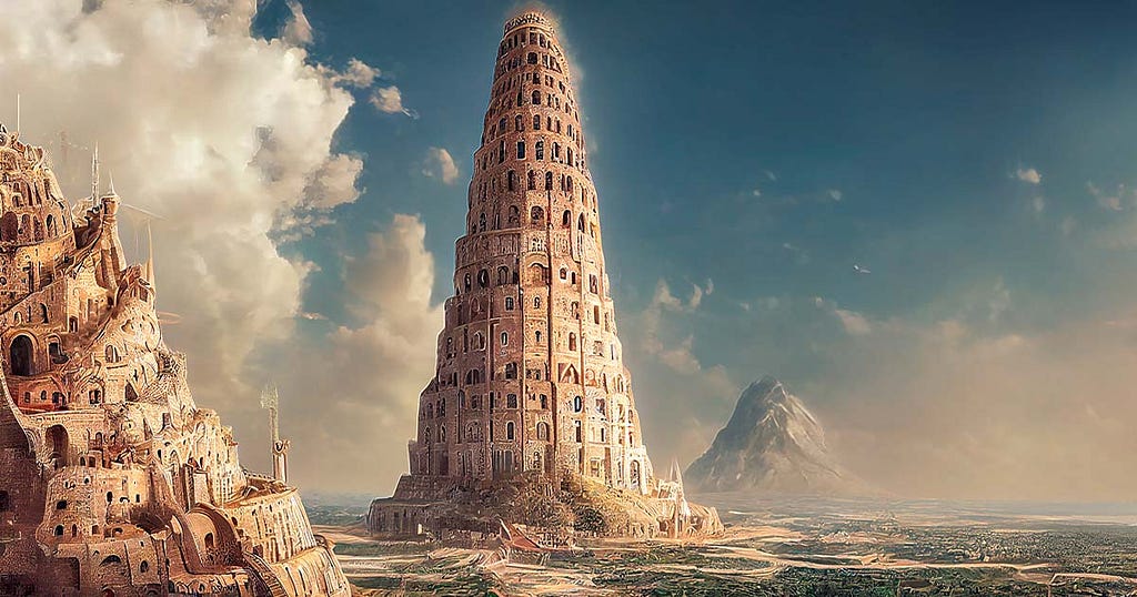An image of the Tower of Babel, estimated to have reached a towering height of nearly 300 feet, raising in the middle of the sea.