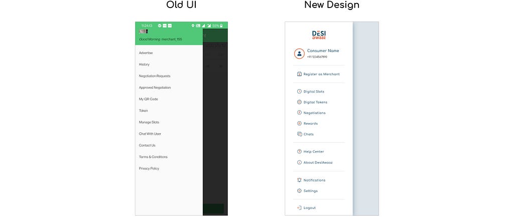 Comparison between Old UI and New Design for the Side Menu