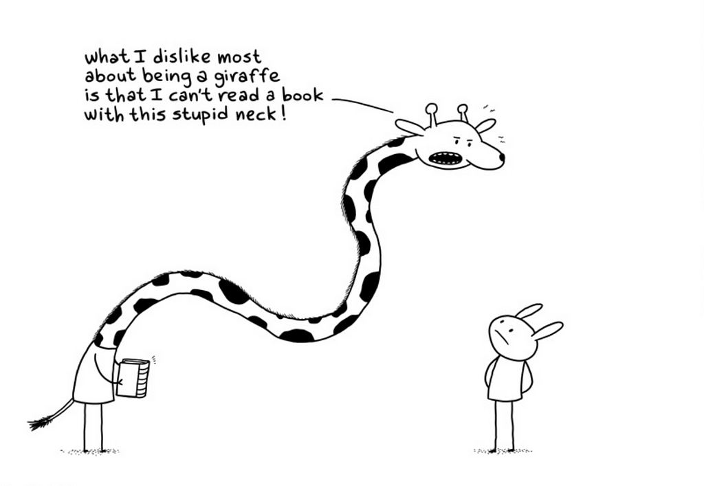 A giraffe with a very long neck holds a book and explains how it is very hard for them to read.