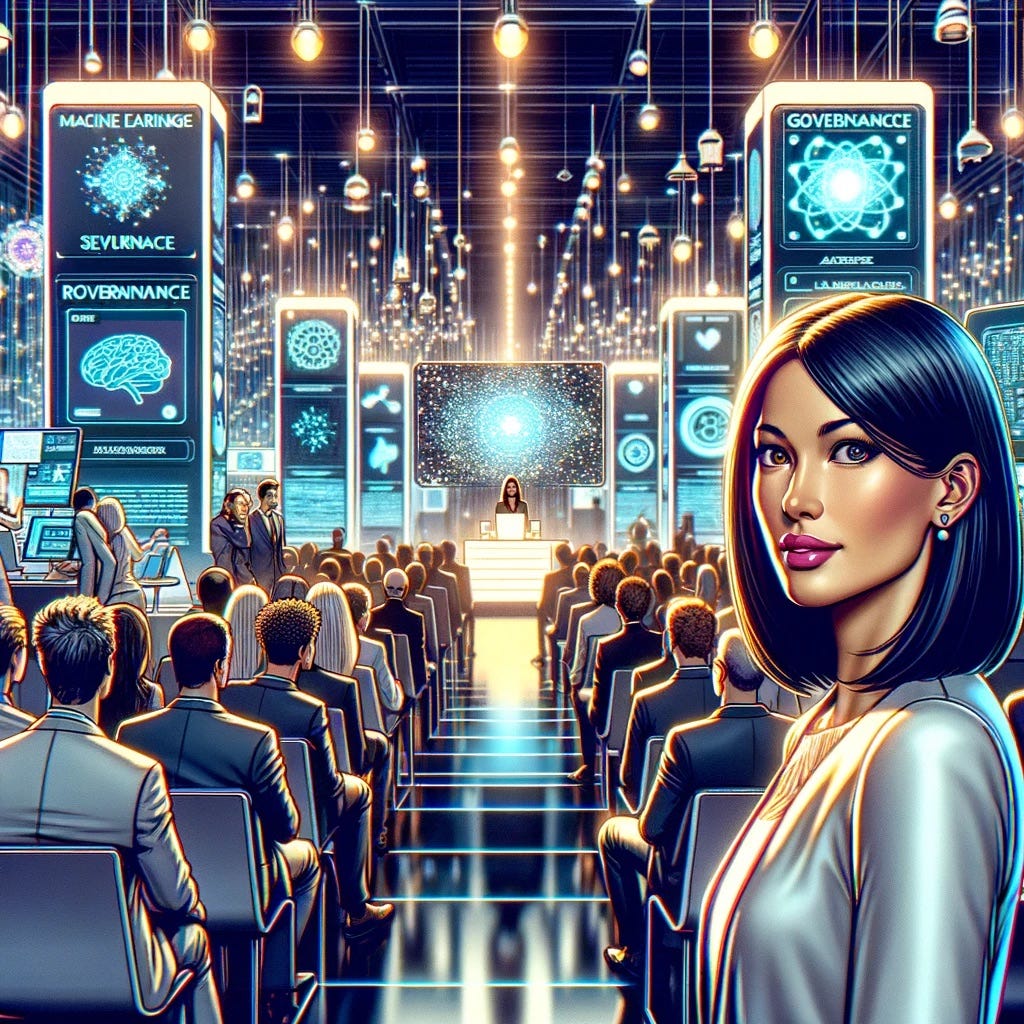 Illustrate a tech conference scene in a futuristic setting. The scene is filled with innovative displays and a diverse group of attendees. A woman, Valeria, with medium-length black hair and an Asian descent, stands out as she presents on machine learning protocols with confidence and clarity, her eyes alight with passion. The backdrop is full of gleaming lights, chrome surfaces, and advanced technology exhibits. In the crowd, a man, James, with short curly hair and Hispanic descent…