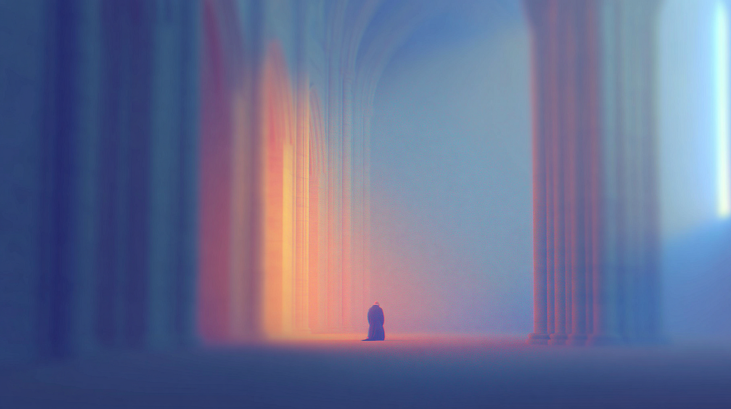 A solitary figure kneeling inside a vast, misty architecture, surrounded by tall columns and soft lights in shades of blue, orange, and pink.