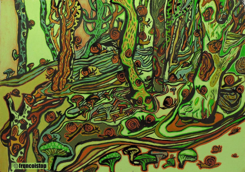 Drawing by Francois Top. Abstract painting of a dense forest scene in vivid greens and browns, with twisting tree trunks, swirling patterns, and stylized mushrooms on the forest floor. The shapes are outlined with bold lines, giving the scene a surreal, organic, and almost psychedelic appearance.