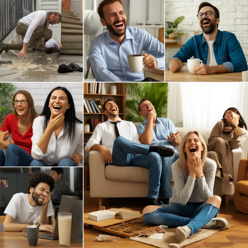 A mix of folks finding humor in everyday life: chuckling during tough times, coworkers sharing laughs, or someone giggling at a small mishap like spilling coffee.