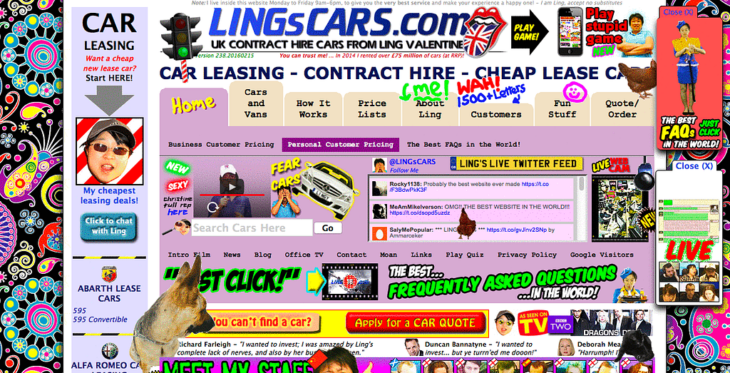 The image depicts a mockup of an imaginary website with a cluttered and overwhelming user interface. The website features numerous animations, images, and other visual elements, as well as unclear navigation and a lack of visual hierarchy and coherence.