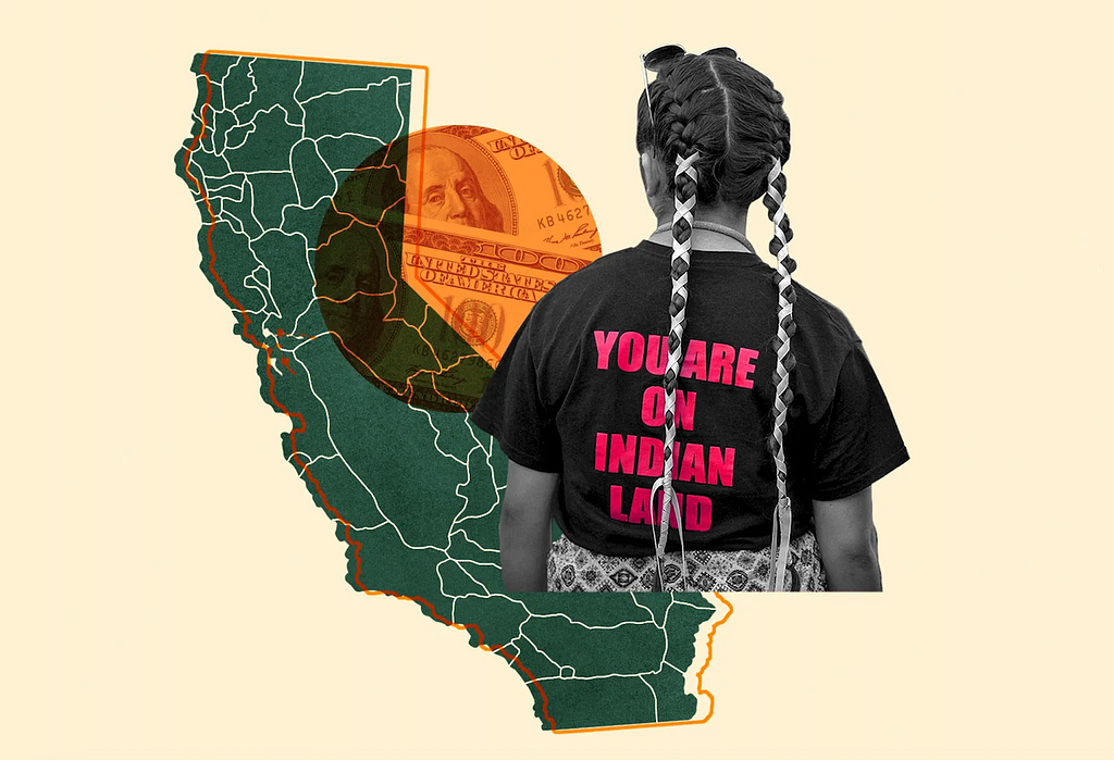Image of a girl’s back with two long braids. She’s in black and white, but the text on the back of her shirt is in hot pink and reads “YOU ARE ON INDIAN LAND.” Overlayed is a picture of California in green, and an orange circle with money inside.
