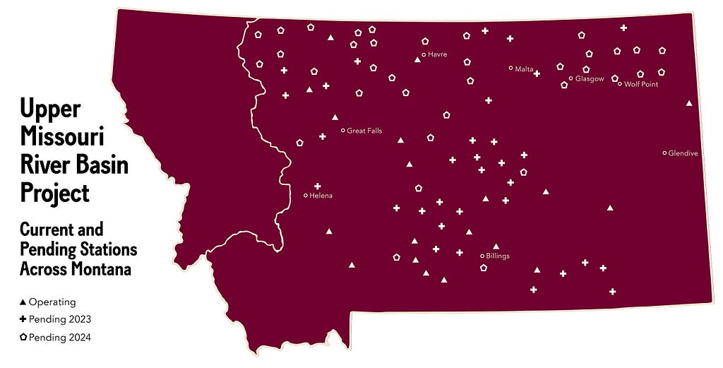 A Montana map showing current and pending stations across Montana.