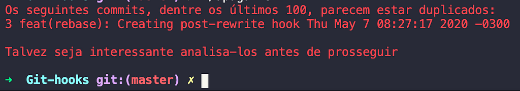 Terminal indicando a quantidade de vezes que cada commit está duplicado e a sua mensagem.