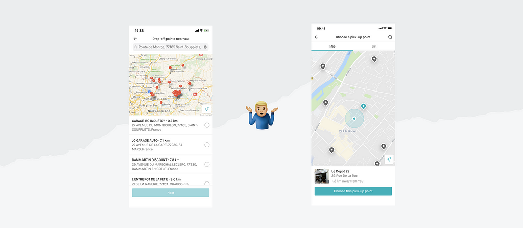 Visual with two pick-up point selection screens with different screen structure: split screen and full-height map.