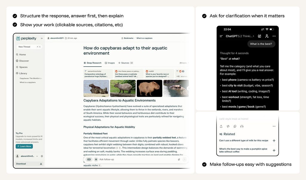 Comparison showing Perplexity and ChatGPT interfaces explaining answers and asking clarifying questions.