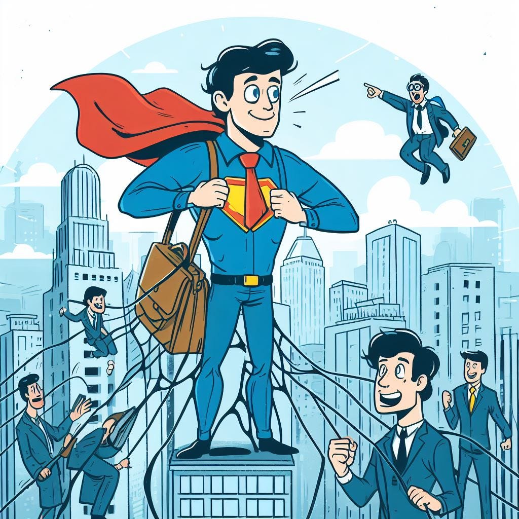 A corporate superman cartoon image with people appraising