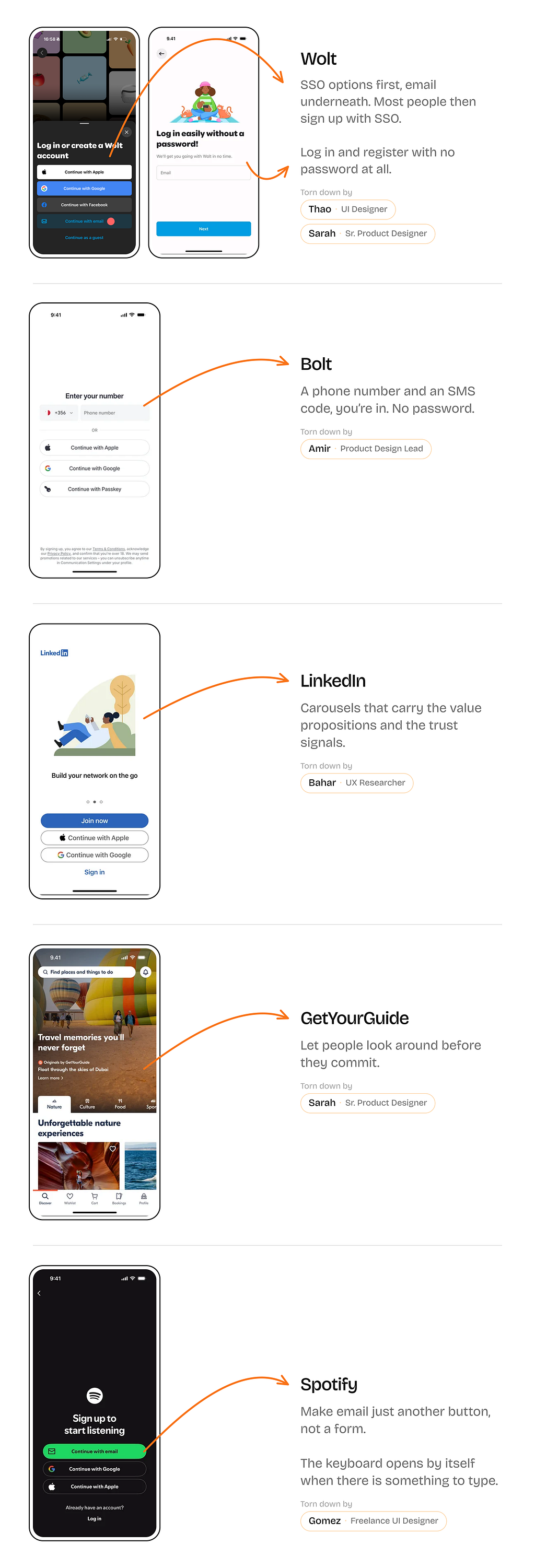Five sign-up teardowns, each with the app’s screen, the lesson taken from it, and the designer who tore it down. Wolt: SSO options first, email underneath, and no password at all. Bolt: a phone number and an SMS code. LinkedIn: carousels that carry the value propositions and the trust signals. GetYourGuide: let people look around before they commit. Spotify: email as just another button, not a form, with the keyboard already open.