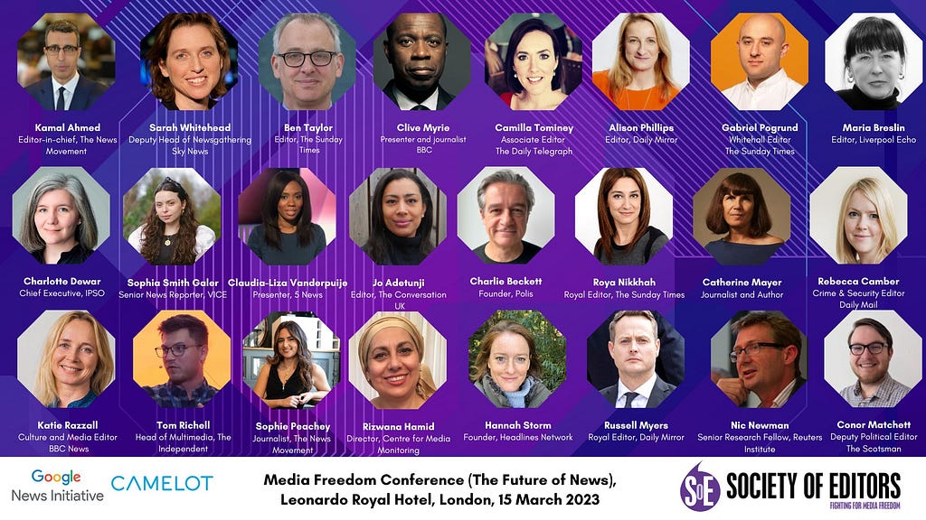 Graphic featuring speakers at the Society of Editors conference in March 2023