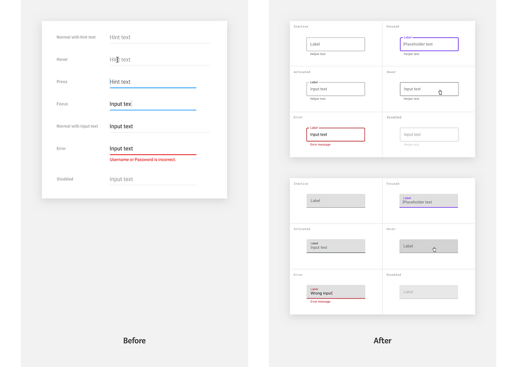 “Before” screenshot of the Google Material Design input text fields guides and “after” screenshot of the two new Google Material Design input text fields guides.