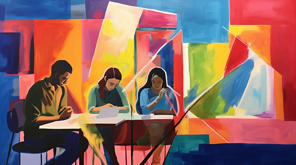 A vibrant painting depicts three people studying at a table, absorbed in their work, set against a background of bold, abstract geometric shapes in primary colors intersected by sharp white lines.